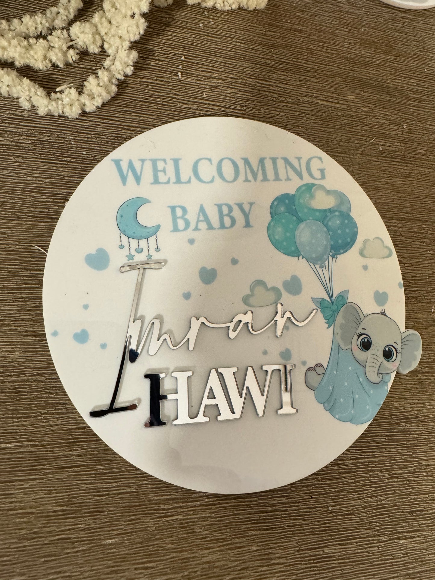 Layered & Printed Baby Elephant Birth announcement plaques